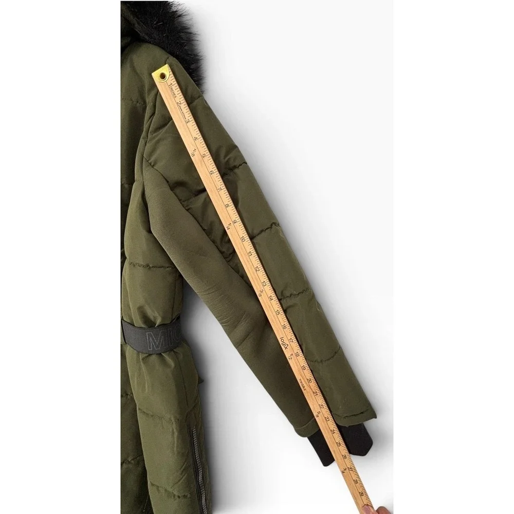 Michael Kors Puffer Parka Women Large Olive Green Belted Faux Fur Hood